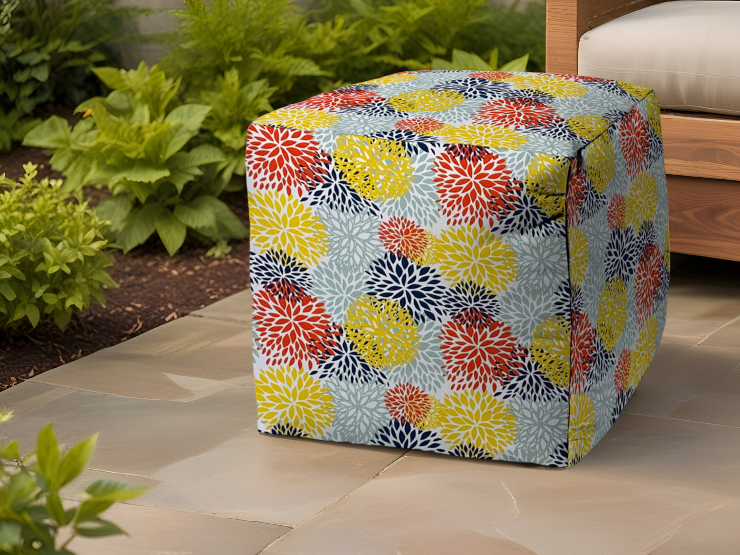 17" Yellow Gray and White Polyester Cube Floral Outdoor Pouf Ottoman