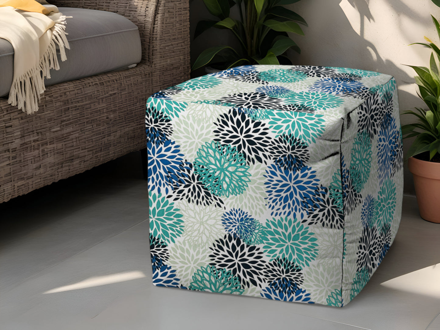 17" Yellow Gray and White Polyester Cube Floral Outdoor Pouf Ottoman