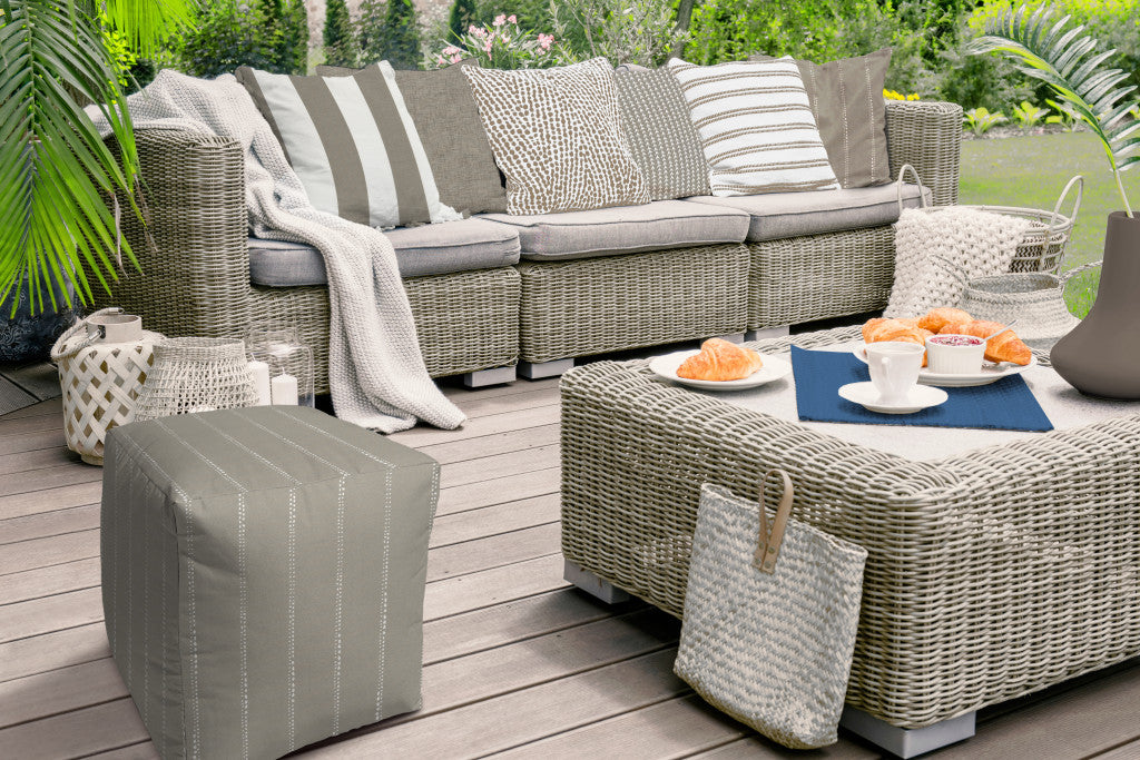 17" Taupe Polyester Cube Striped Indoor Outdoor Pouf Ottoman