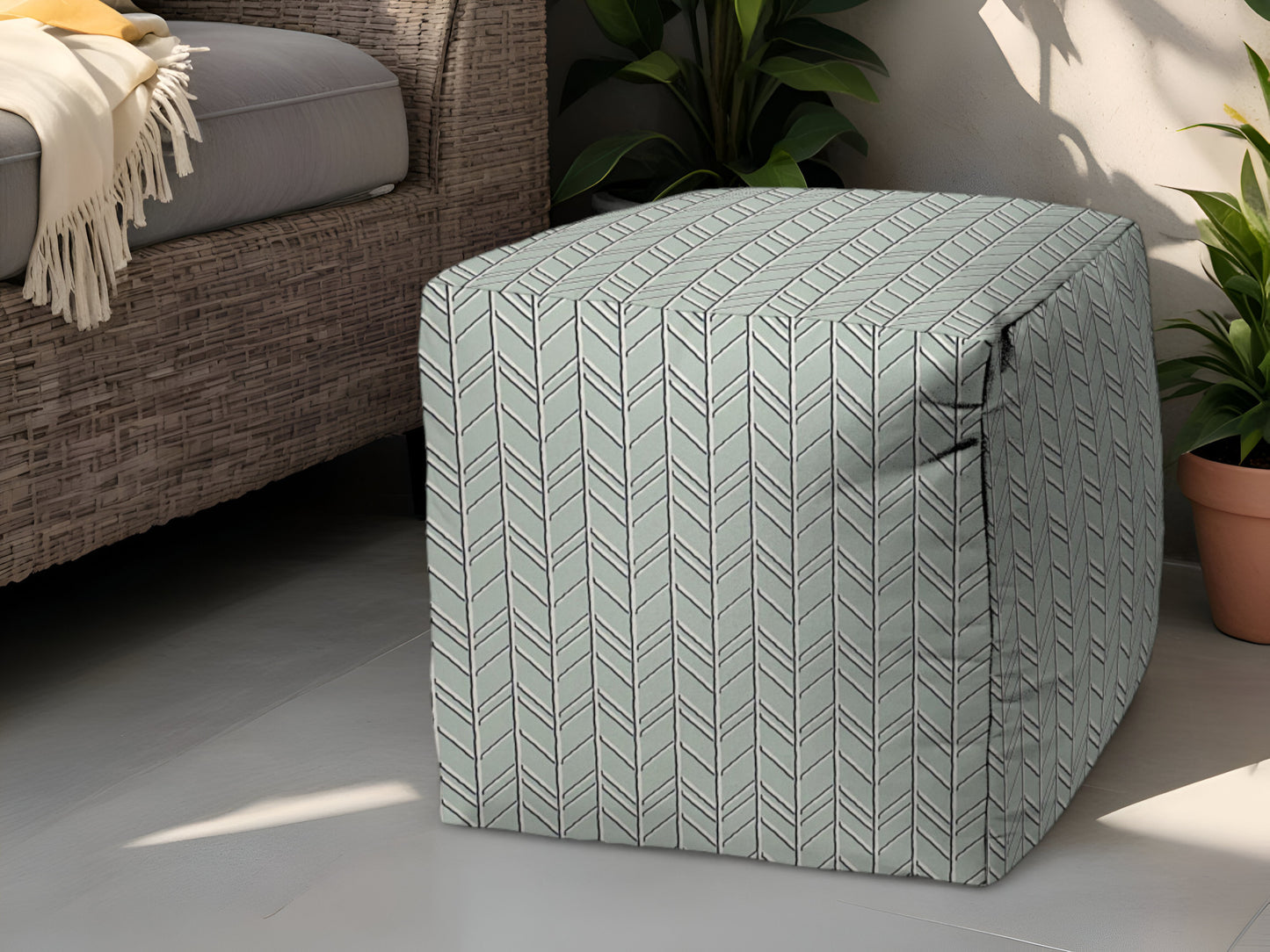 17" Green Polyester Cube Geometric Indoor Outdoor Pouf Ottoman