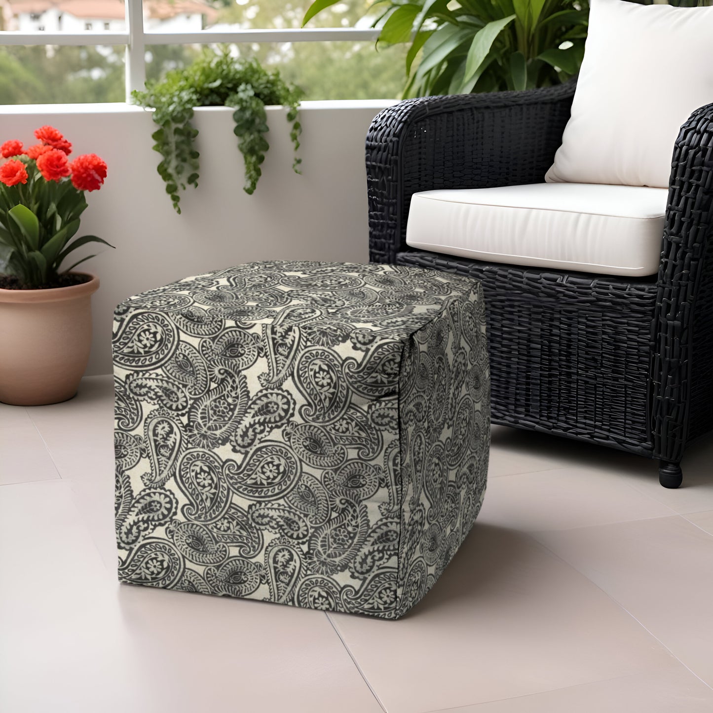 17" Gray Polyester Cube Paisley Indoor Outdoor Pouf Ottoman