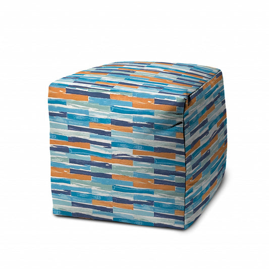 17" Blue and Orange Geometric Indoor Outdoor Pouf Ottoman