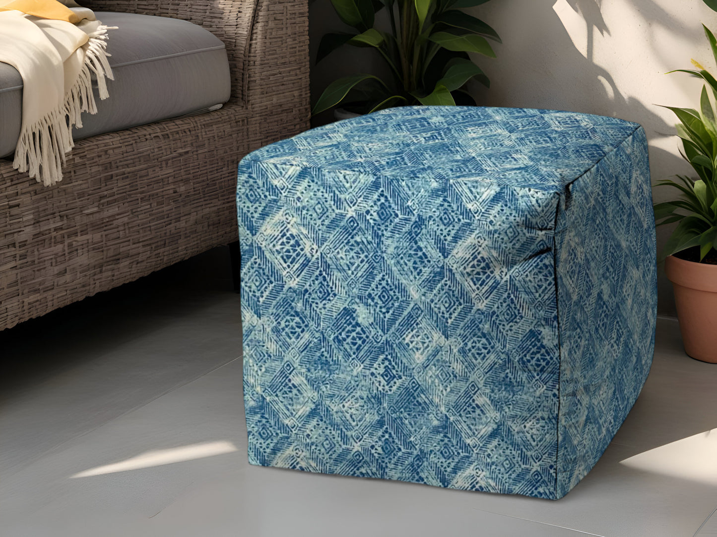 17" Blue Polyester Cube Indoor Outdoor Pouf Ottoman