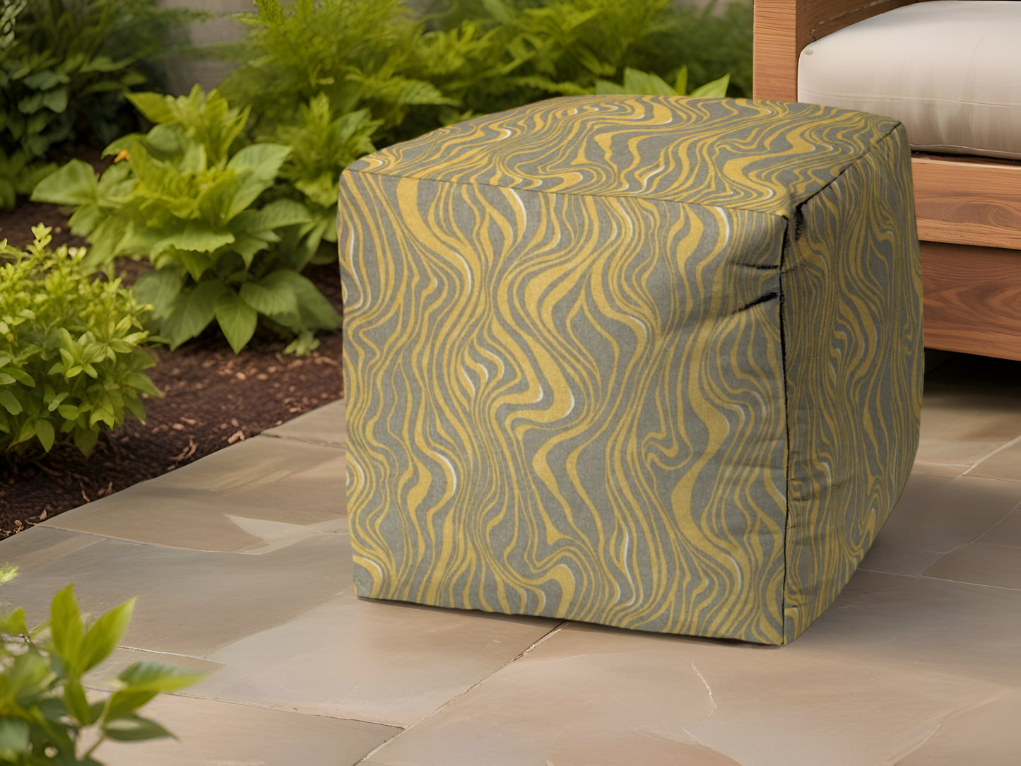 17" Yellow Polyester Cube Abstract Indoor Outdoor Pouf Ottoman