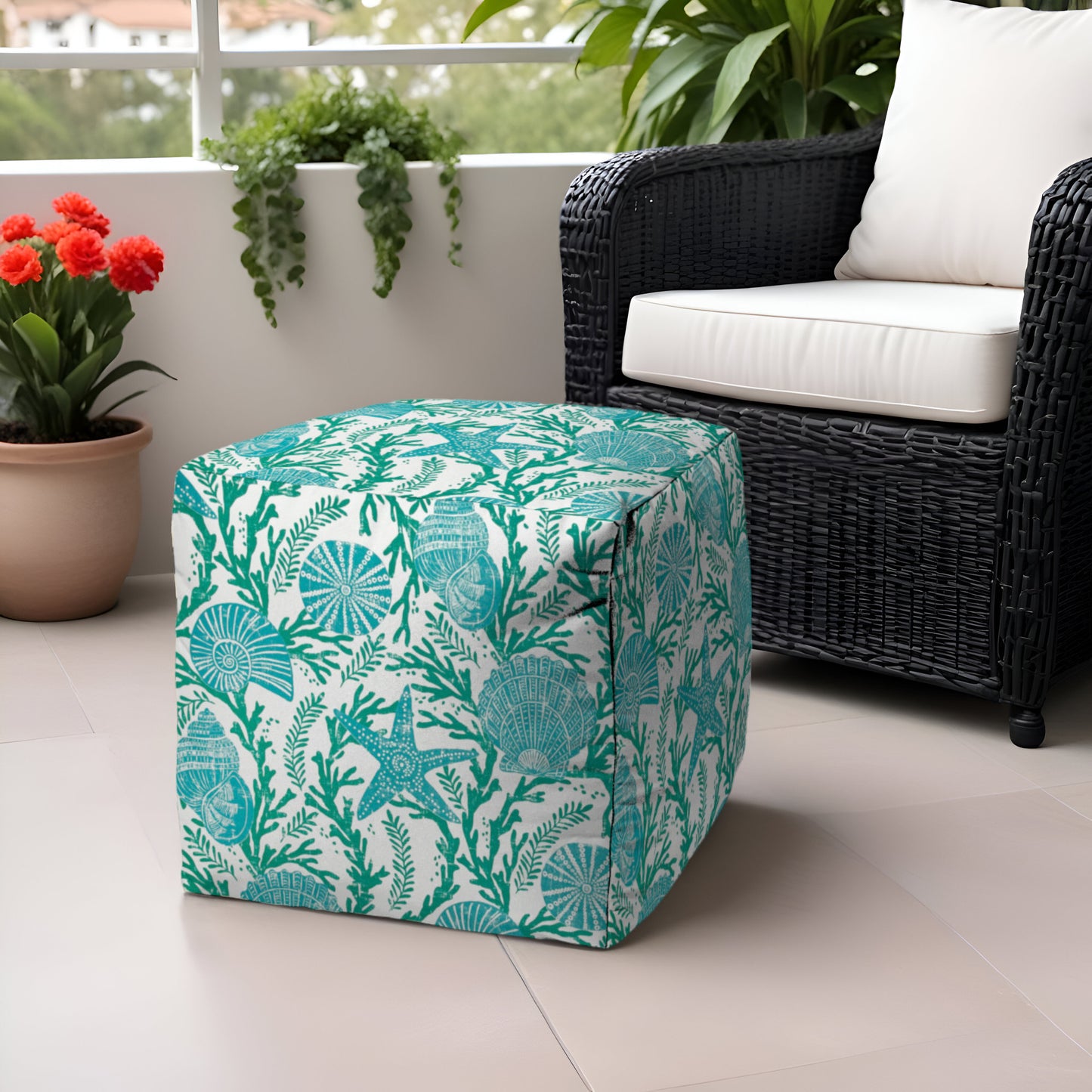 17" Turquoise Polyester Cube Indoor Outdoor Pouf Ottoman