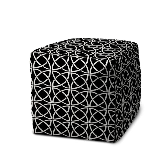 17" Black And White Polyester Cube Geometric Indoor Outdoor Pouf Ottoman