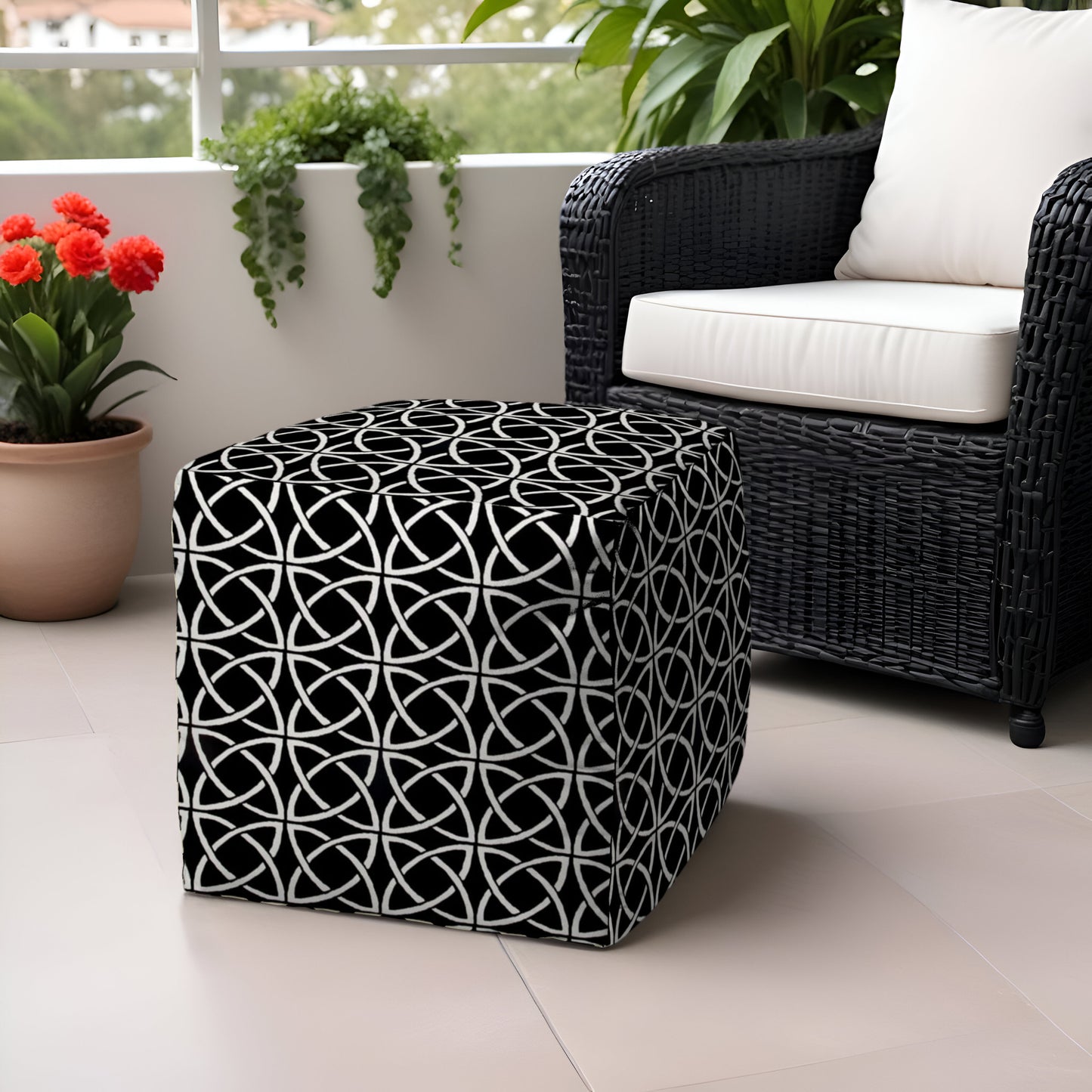 17" Black And White Polyester Cube Geometric Indoor Outdoor Pouf Ottoman