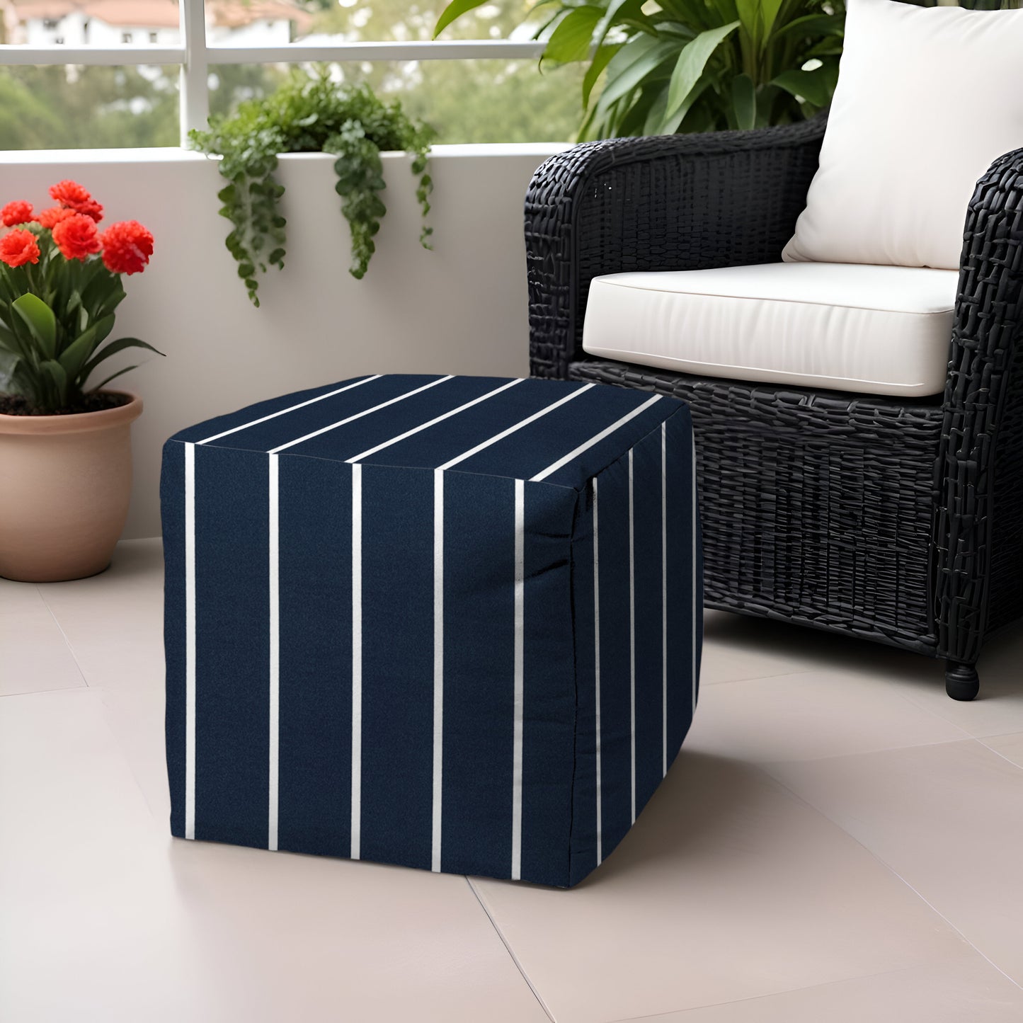 17" Taupe Polyester Cube Striped Indoor Outdoor Pouf Ottoman