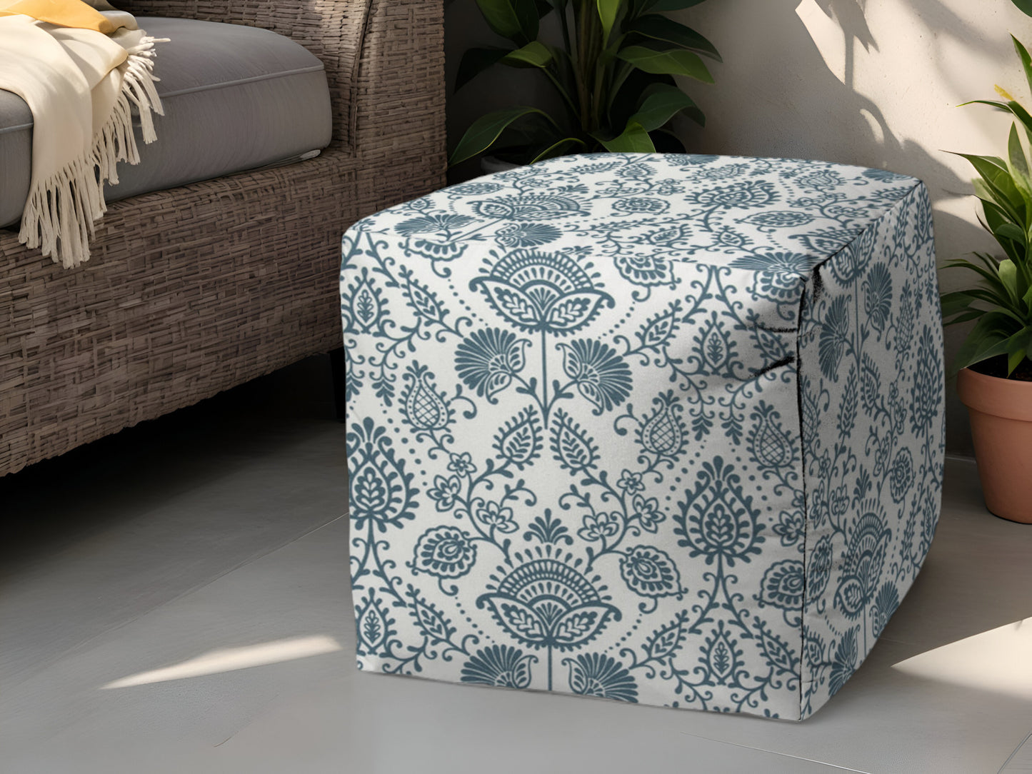 17" Blue Polyester Cube Indoor Outdoor Pouf Ottoman