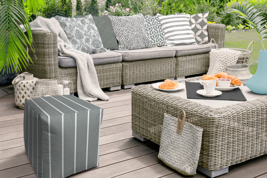 17" Taupe Polyester Cube Striped Indoor Outdoor Pouf Ottoman