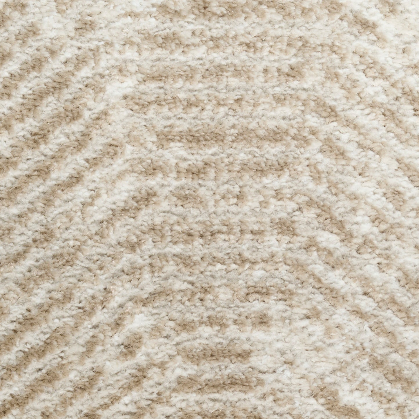 Beige shag rug with plush, thick pile and subtle wave pattern; cozy, soft texture for living rooms.