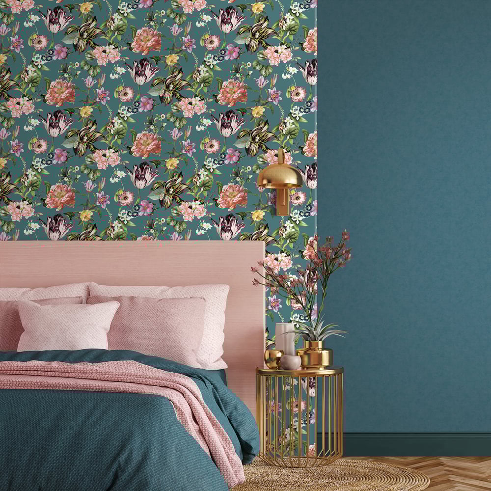 Galerie Cherry Blossom Flora Wallpaper 47462 – soft floral wallpaper with cherry blossom design in grey, rose, green, and teal tones on vinyl non-woven backing
