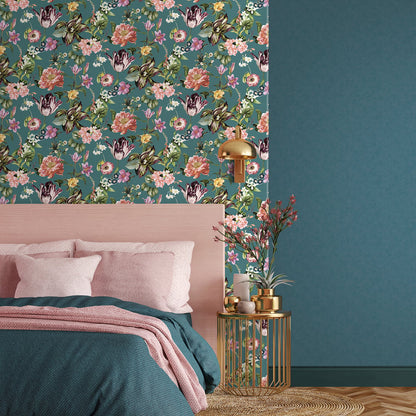 Galerie Cherry Blossom Flora Wallpaper 47462 – soft floral wallpaper with cherry blossom design in grey, rose, green, and teal tones on vinyl non-woven backing