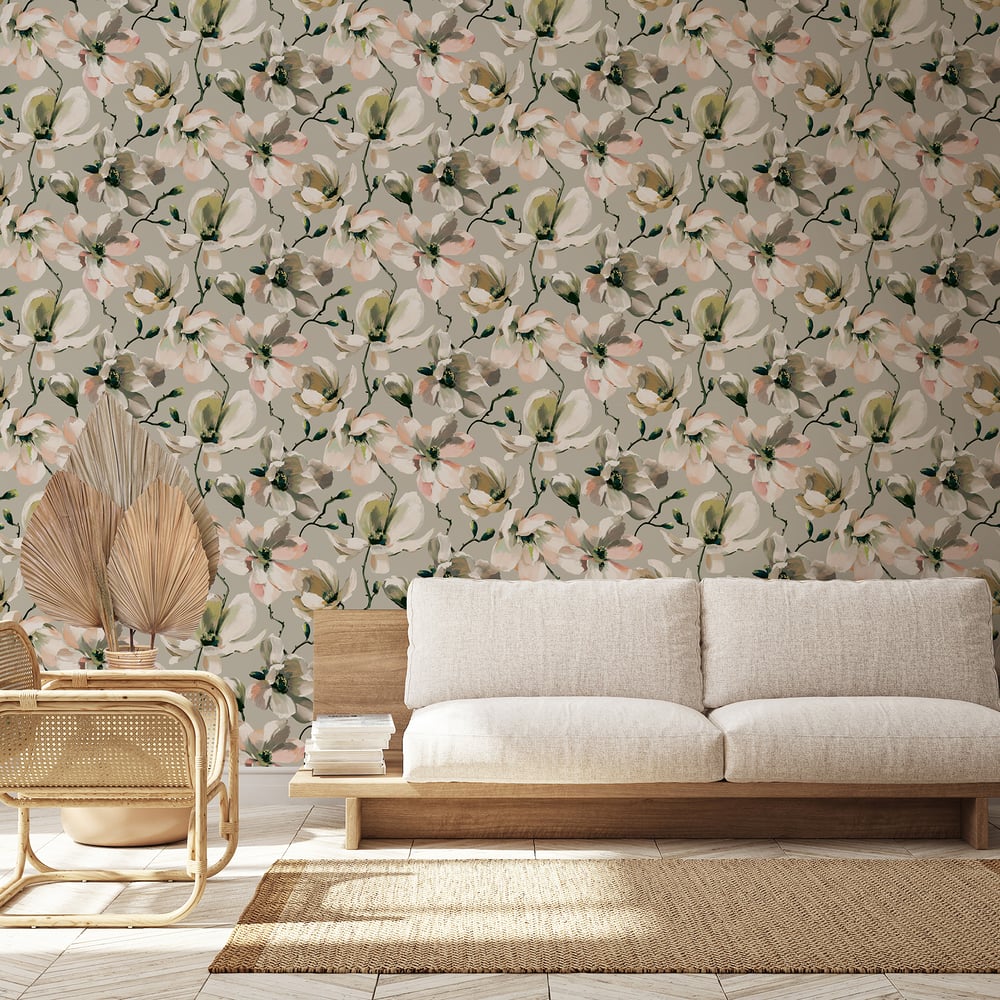 Galerie Cherry Blossom green wallpaper featuring delicate floral branches in a botanical design, vinyl paste-the-wall wall covering ideal for elegant interiors, spring décor, and stylish feature walls.