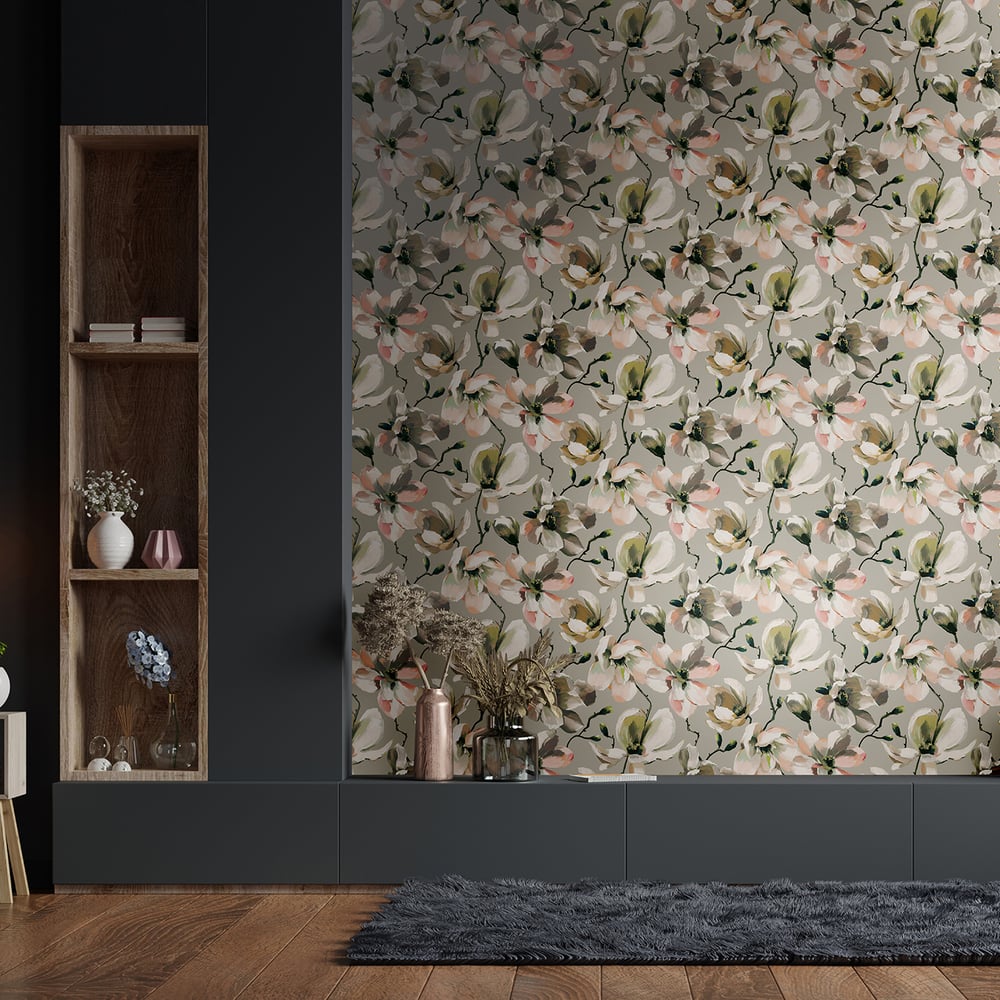 Galerie Cherry Blossom green wallpaper featuring delicate floral branches in a botanical design, vinyl paste-the-wall wall covering ideal for elegant interiors, spring décor, and stylish feature walls.