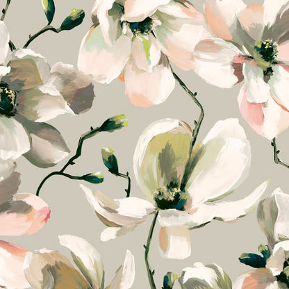Galerie Cherry Blossom green wallpaper featuring delicate floral branches in a botanical design, vinyl paste-the-wall wall covering ideal for elegant interiors, spring décor, and stylish feature walls.
