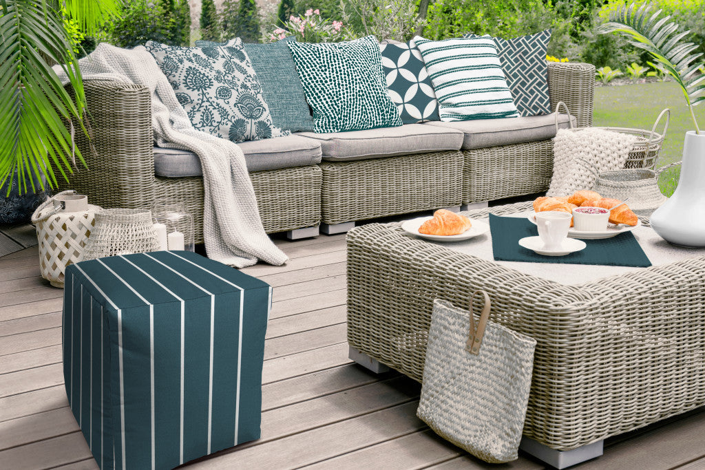 17" Taupe Polyester Cube Striped Indoor Outdoor Pouf Ottoman