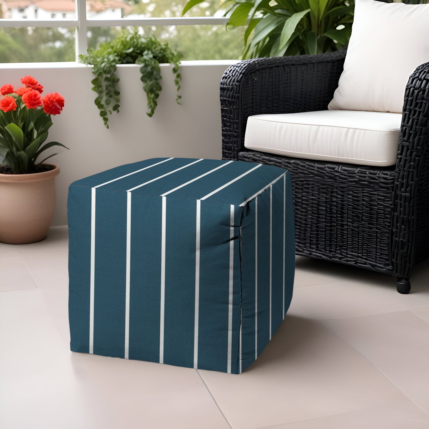 17" Taupe Polyester Cube Striped Indoor Outdoor Pouf Ottoman