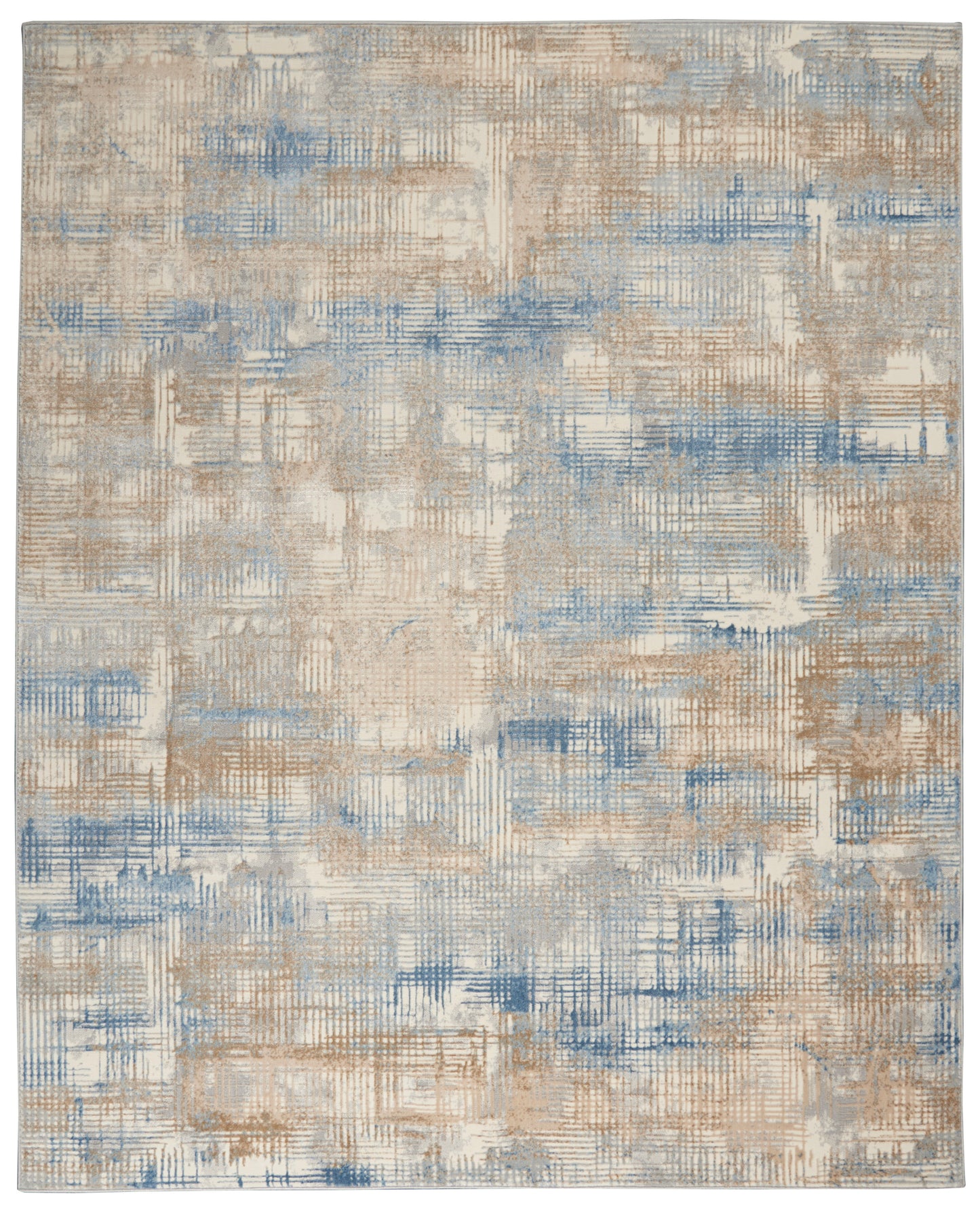 Abstract beige and blue area rug with patchwork crosshatch pattern; modern rectangle.