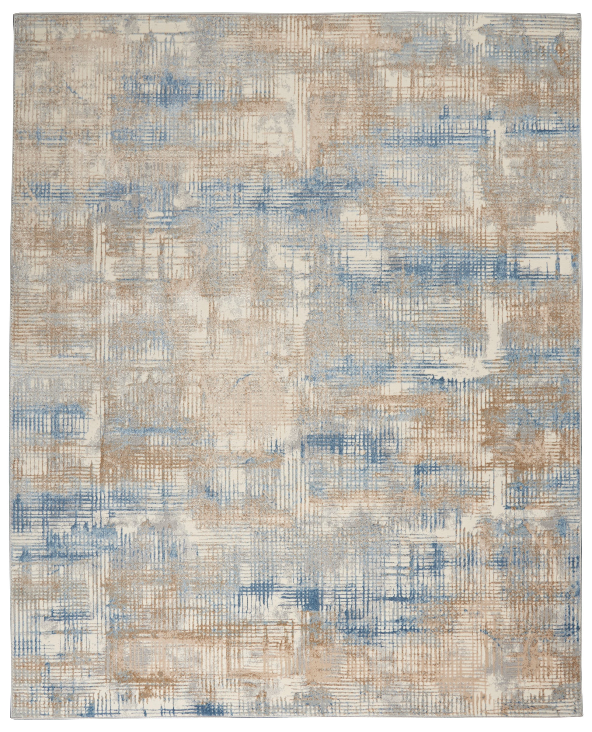 Abstract beige and blue area rug with patchwork crosshatch pattern; modern rectangle.