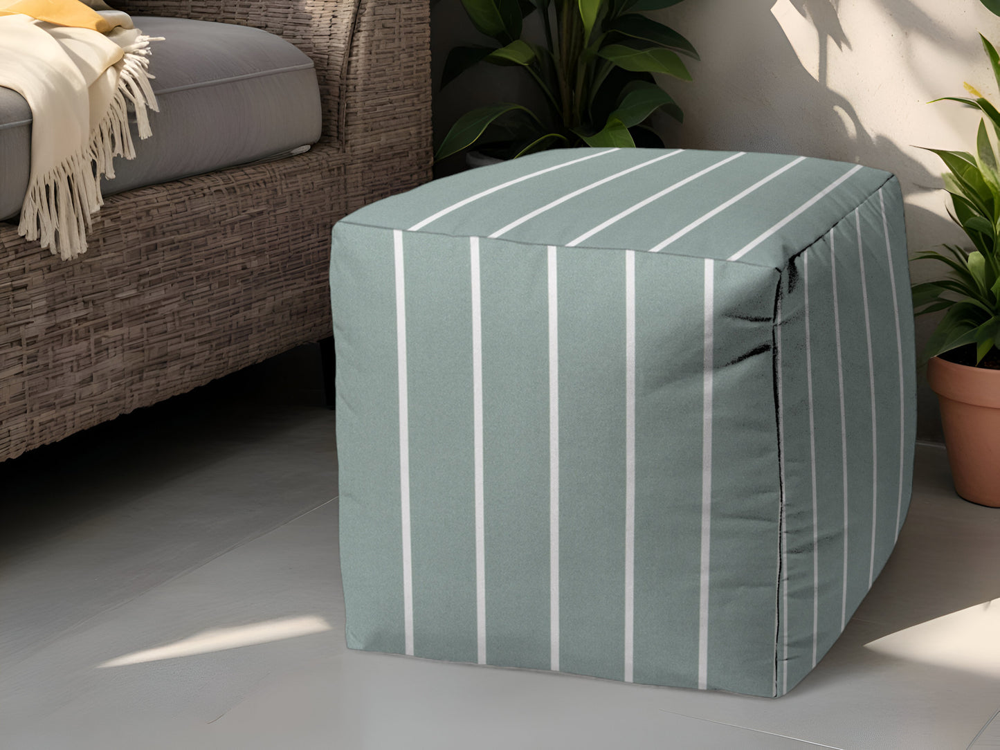 17" Taupe Polyester Cube Striped Indoor Outdoor Pouf Ottoman