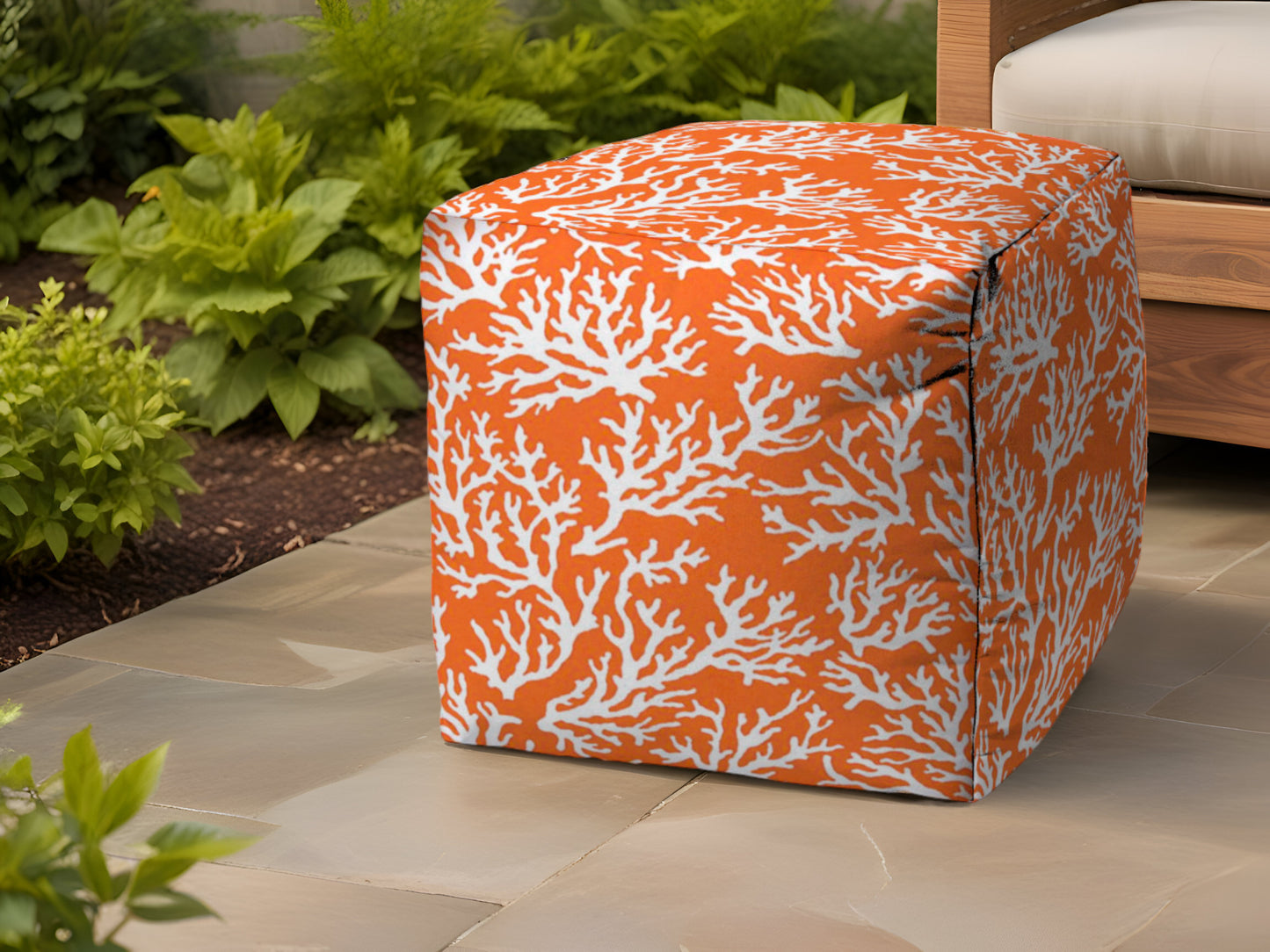 17" Orange Polyester Cube Indoor Outdoor Pouf Ottoman