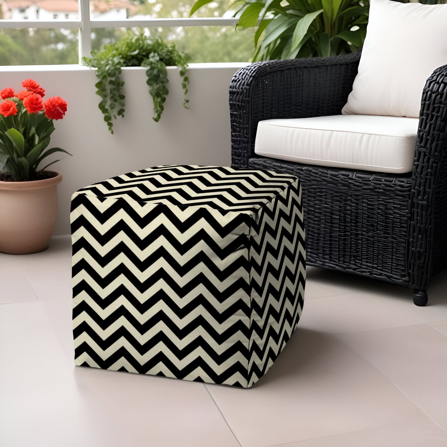 17" Black And White Polyester Cube Chevron Indoor Outdoor Pouf Ottoman