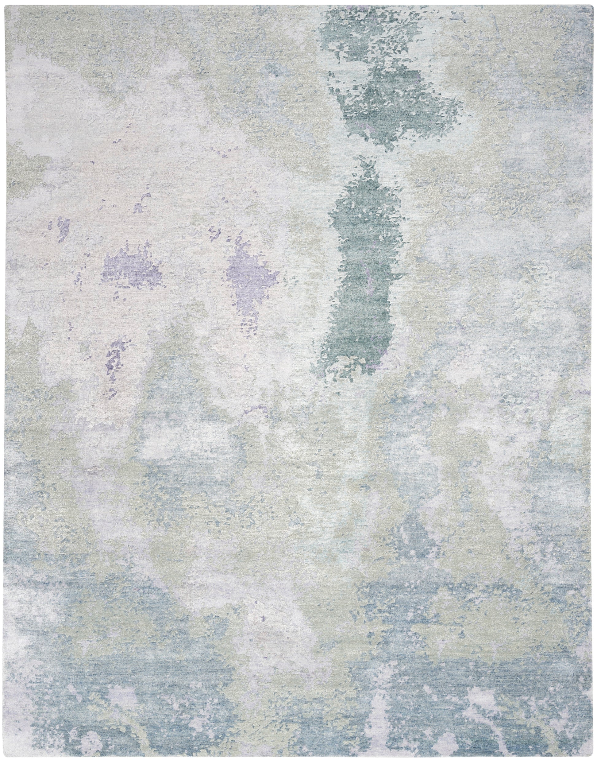 Rectangular area rug with soft pastel watercolor pattern in blues, greens, and lavender; abstract modern style.