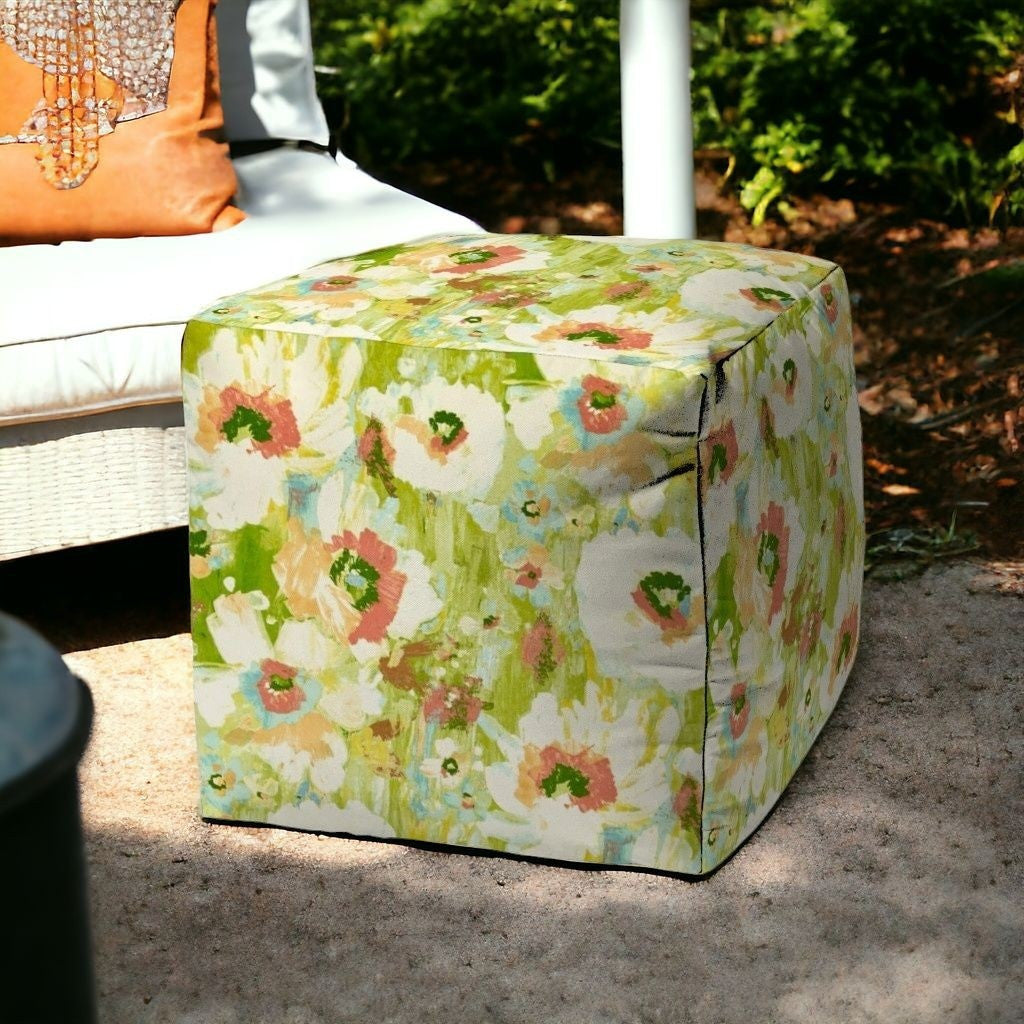 17" Green Cube Floral Indoor Outdoor Pouf Cover