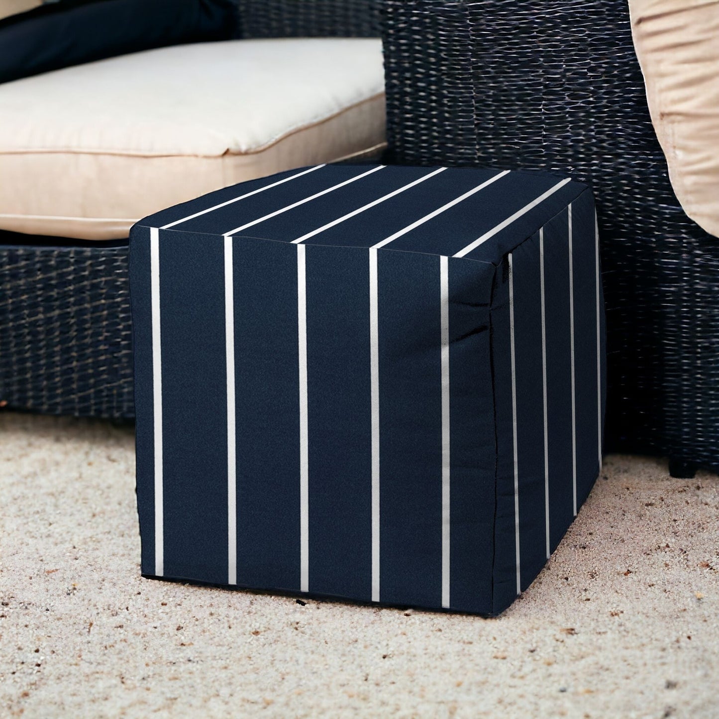 17" Taupe Cube Striped Indoor Outdoor Pouf Cover