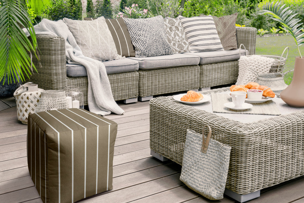 17" Taupe Cube Striped Indoor Outdoor Pouf Cover