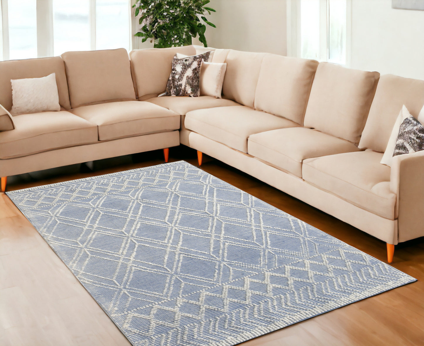 6' X 9' Blue and Ivory Geometric Handmade Area Rug