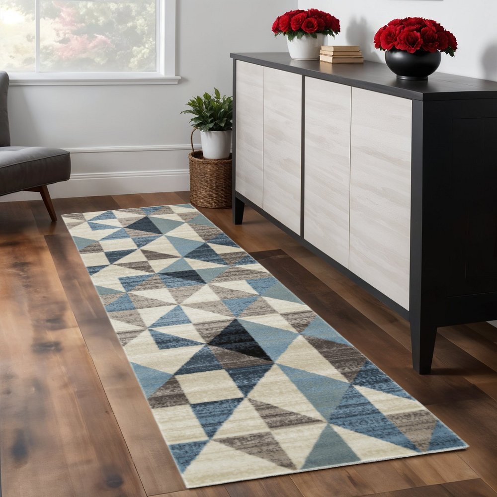 8' Beige Blue And Gray Geometric Runner Rug