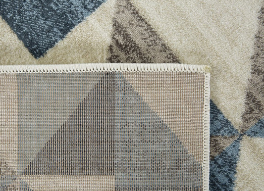 8' beige blue and gray geometric runner rug