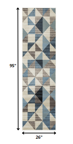 8' Beige Blue And Gray Geometric Runner Rug