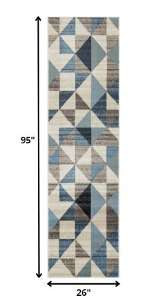 8' Beige Blue And Gray Geometric Runner Rug