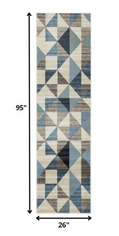 8' Beige Blue And Gray Geometric Runner Rug