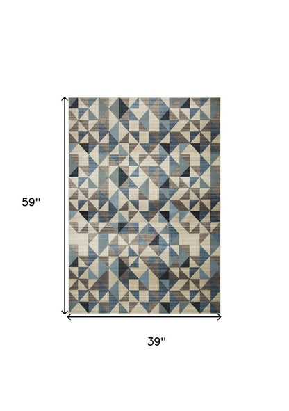 3' X 5' Beige Blue And Gray Geometric Area Rug