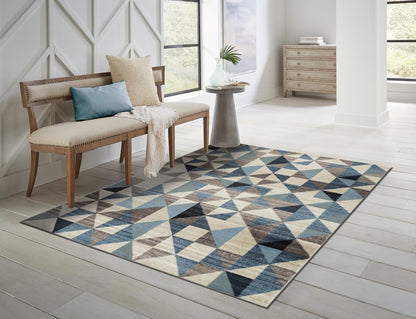 5' X 8' Beige Blue And Gray Geometric Area Rug
