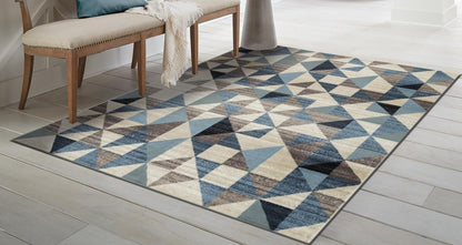 5' X 8' Beige Blue And Gray Geometric Area Rug