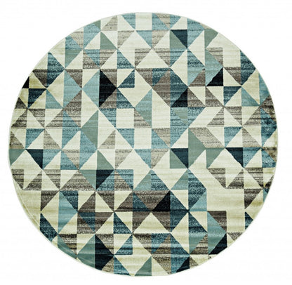 8' Beige Blue And Gray Geometric Round Rug