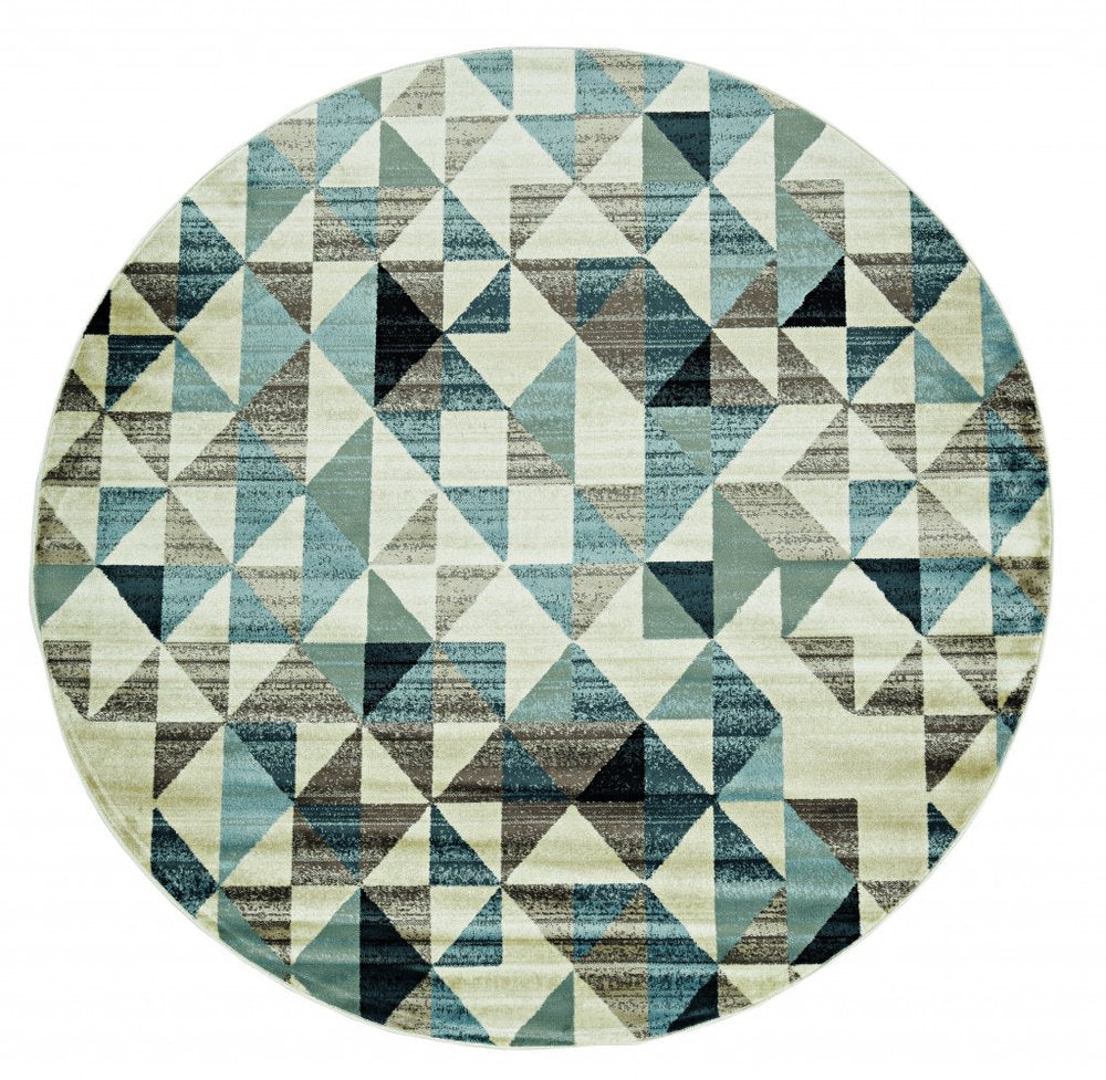 8' Beige Blue And Gray Geometric Round Rug