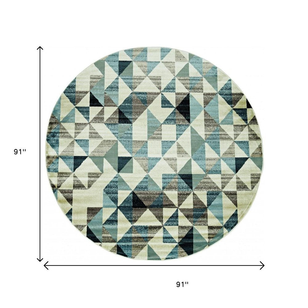 8' Beige Blue And Gray Geometric Round Rug