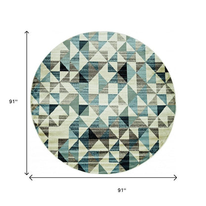 8' Beige Blue And Gray Geometric Round Rug
