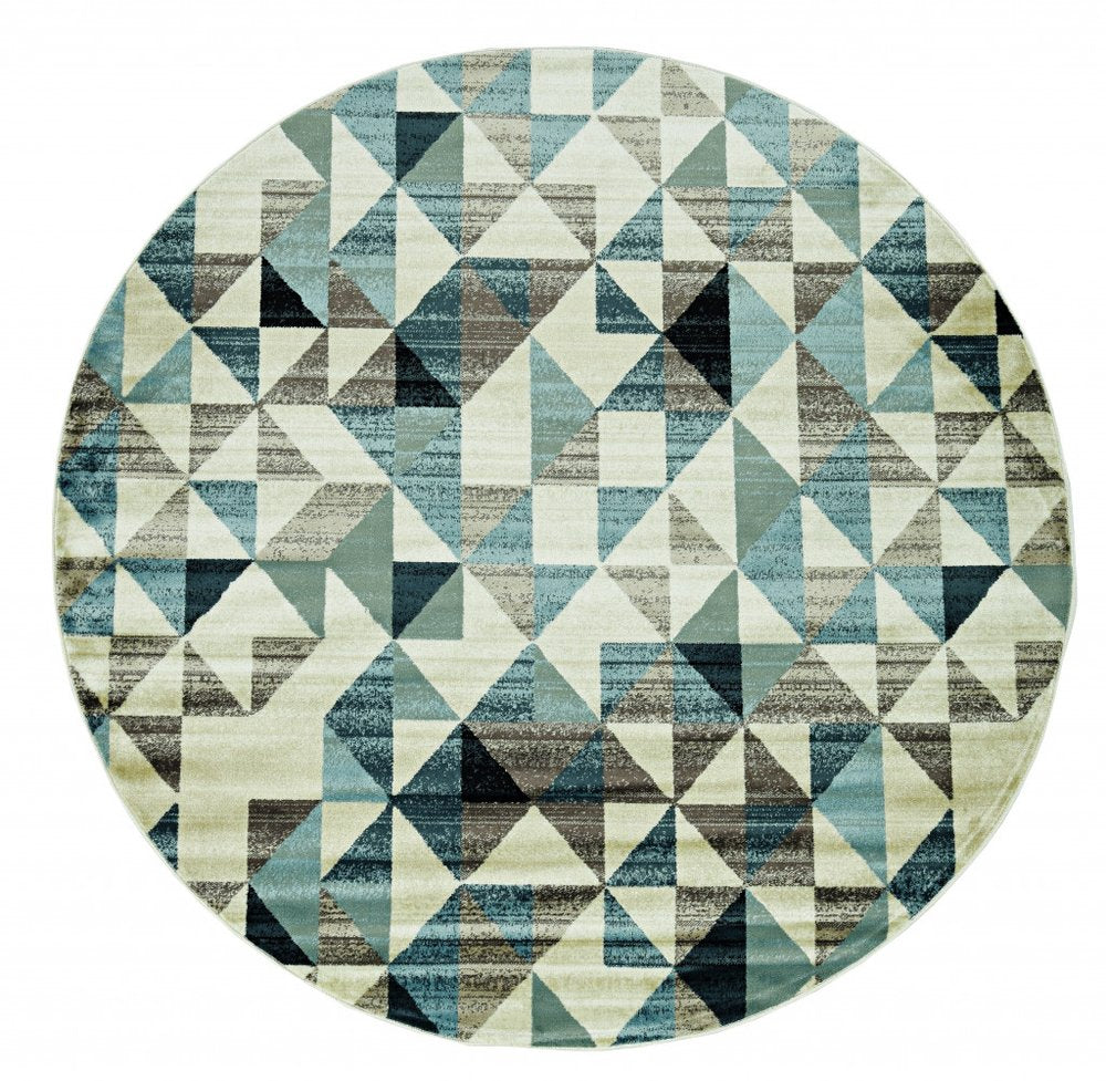 8' Beige Blue And Gray Geometric Round Rug