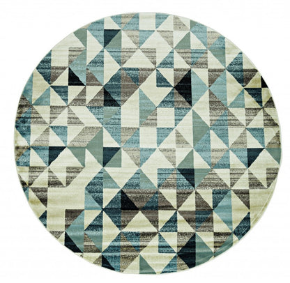 8' Beige Blue And Gray Geometric Round Rug