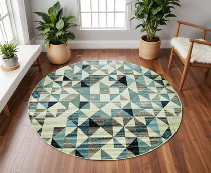 8' Beige Blue And Gray Geometric Round Rug