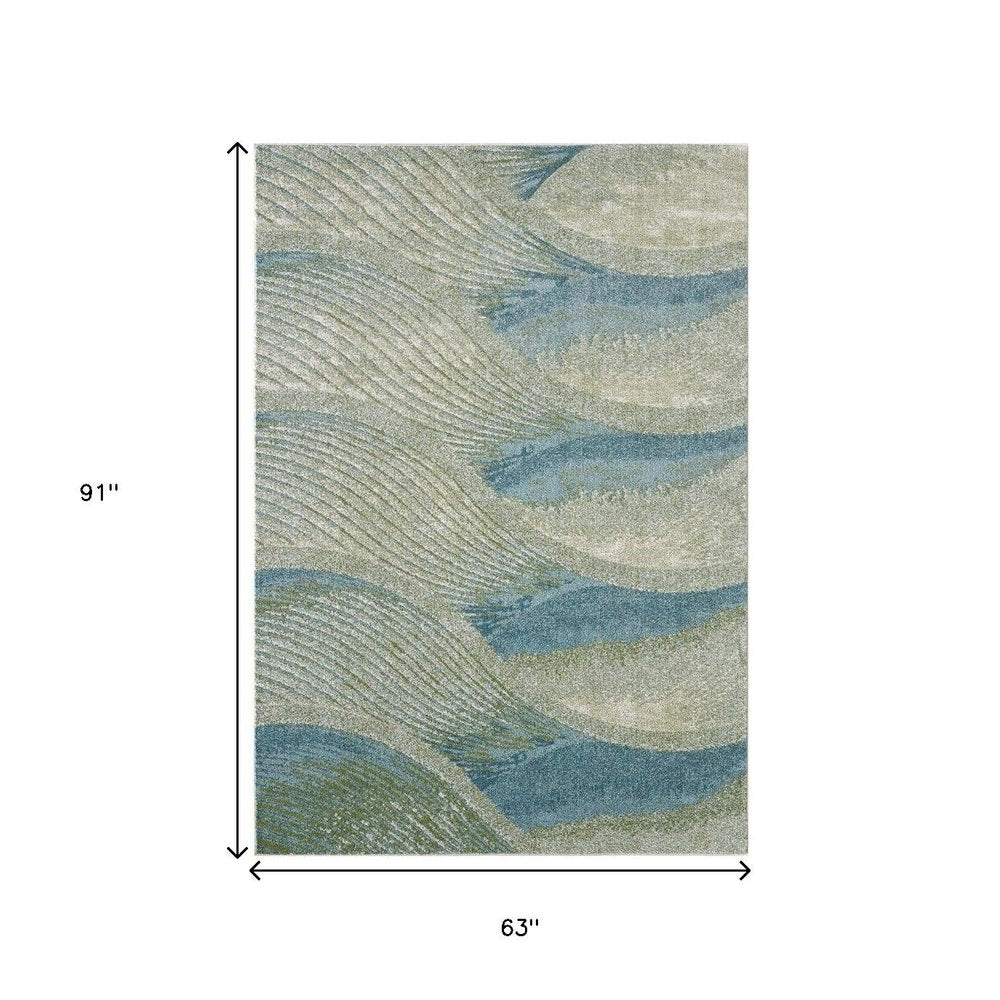 5' X 8' Beige Blue And Sage Abstract Area Rug