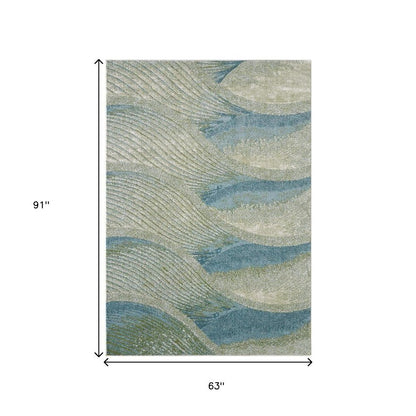 5' X 8' Beige Blue And Sage Abstract Area Rug