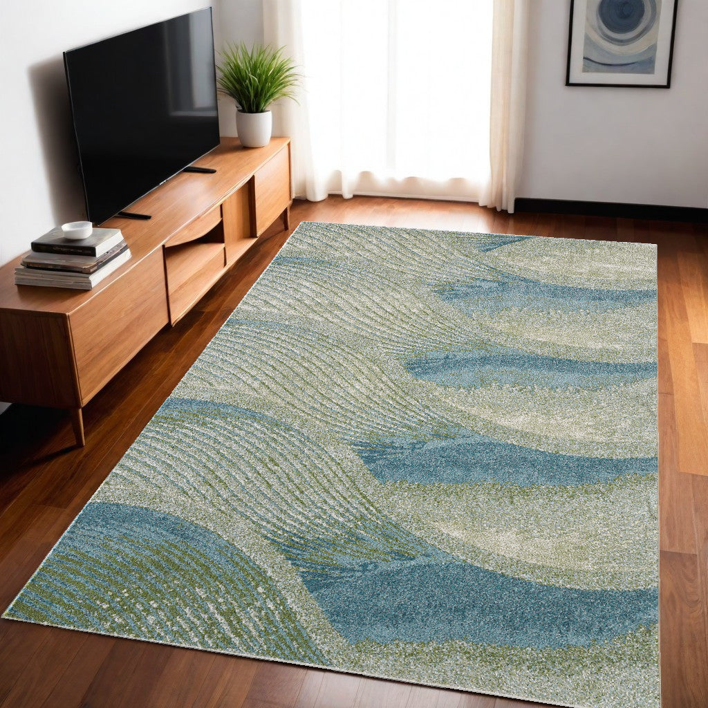 5' X 8' Blue and Beige Abstract Waves Area Rug